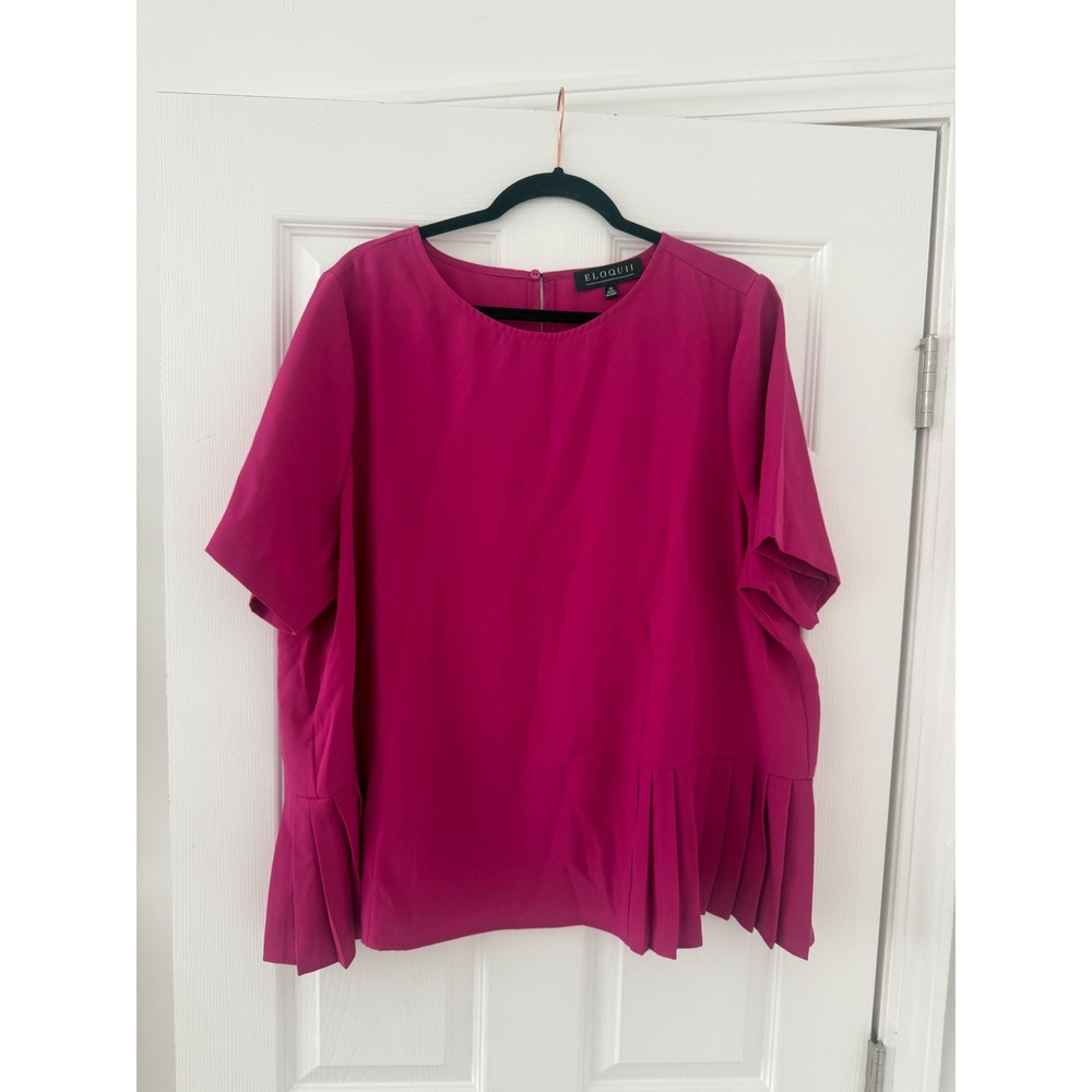 ELOQUII‎ Plus Size Pink Pleated Hem Short Sleeve Top Womens 20 2X Barbie Solid